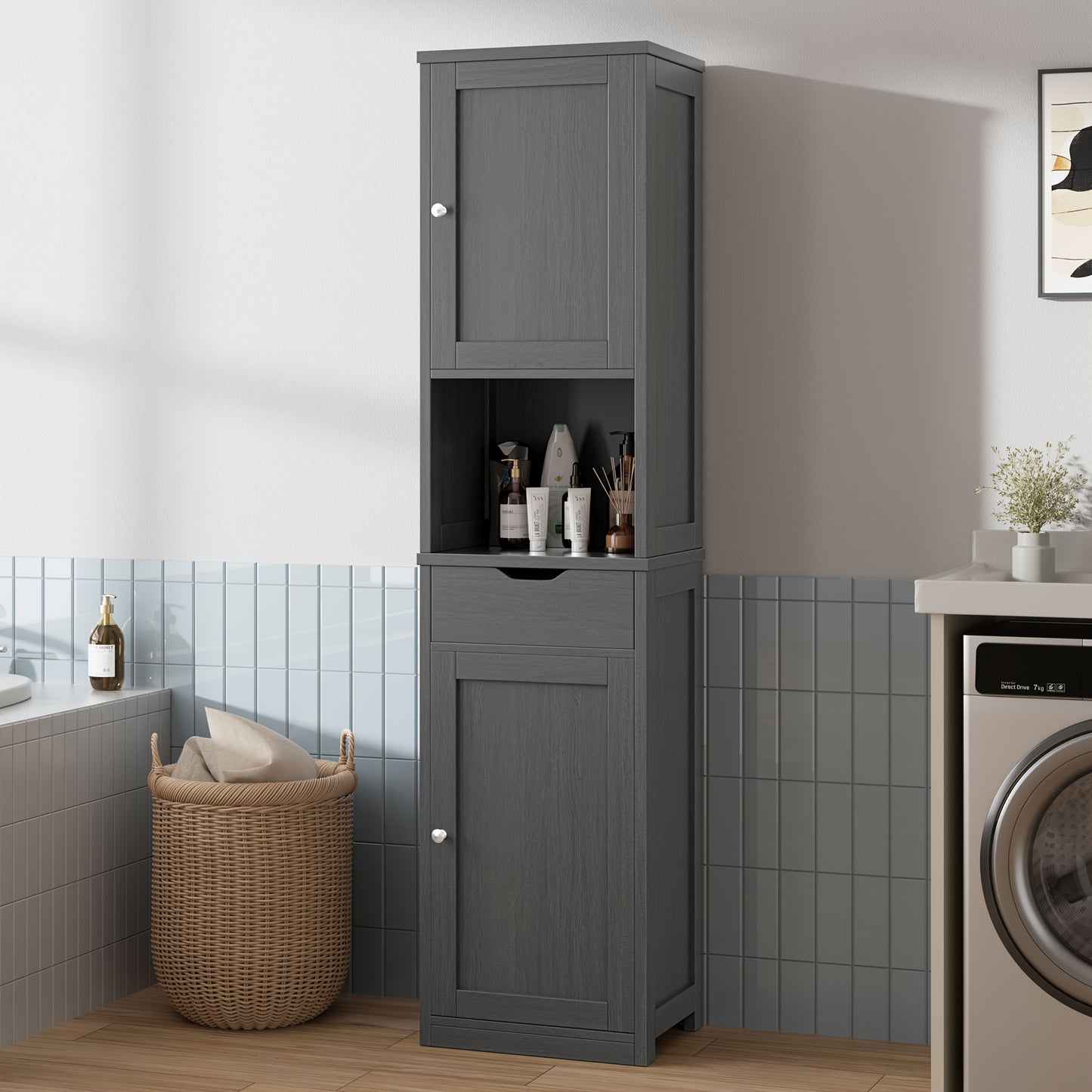 5-Tier Narrow Freestanding Storage Cabinet with 1 Drawer & 2 Doors - Suitable for Bathroom, Kitchen, Living Room - Space-Saving Tower Shelf Unit with Doors/Shelves, Floor Cabinet for Small Spaces, Modern (White)