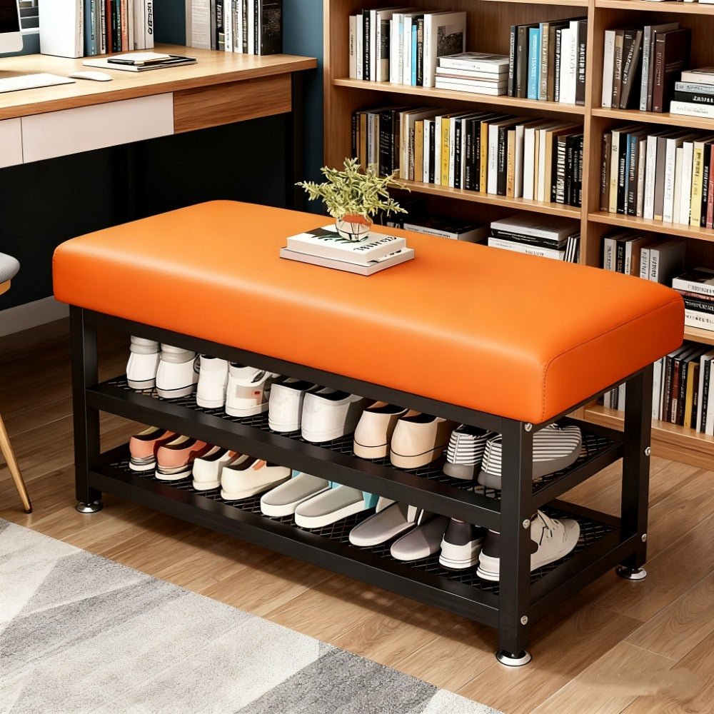 Shoe Changing Stool with Soft Cushion and Shoe Storage, Metal Frame Entryway Bench Shoe Rack for Bedroom Foyer, 21 & 34 Inch, Gray
