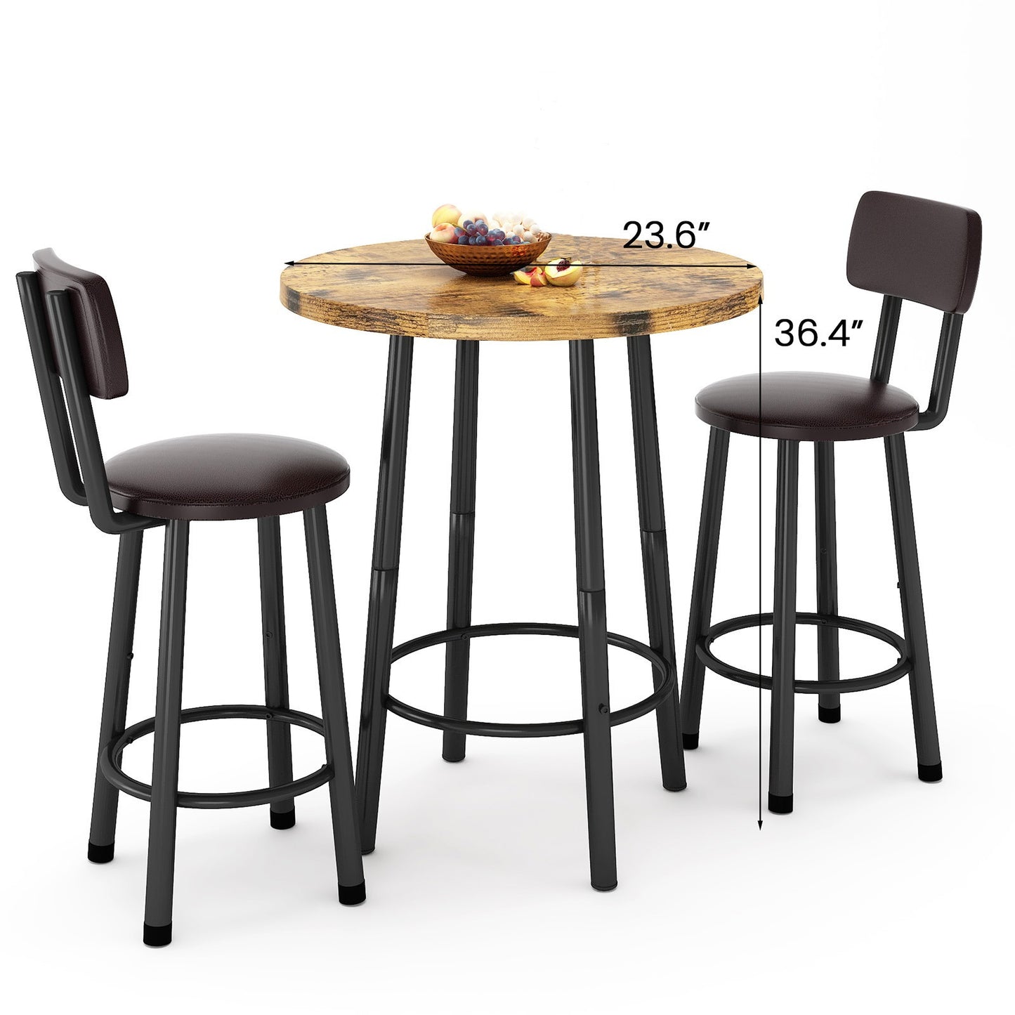 3-Piece Pub Dining Set for 2, Rustic Brown Counter Height Table with Wood Top and 2 Stools, Small Kitchen Table Set for Breakfast Nook, Apartment, Living Room or Bar