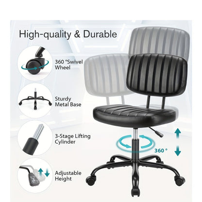 Armless Small Desk Chair with Memory Foam Seat – PU Leather Rolling Task Chair with Low Back Lumbar Support for Vanity, Bedroom, Living Room & Study, Brown, Beige, Black