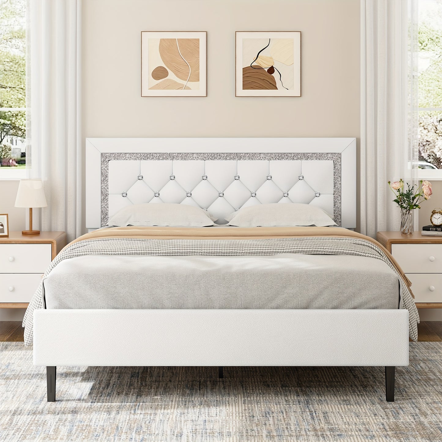 [Halloween] Twin Full Queen Size Bed Frame, Diamond Headboard, Wood Slats Support, Princess Bed Frame, Easy To Assemble, Soft PU Leather, Maximum Weight Recommendation 900Pounds, Furniture For Home, Bedroom Decor, Bedroom Furniture, Pink/White/Black Hallo