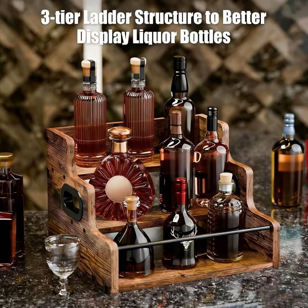 Solid Wood Countertop Liquor Bottle Display Shelf 3 Step Wine Rack Bar Organizer for Home Bar Whiskey Spirits Coffee Syrup Spice Rack