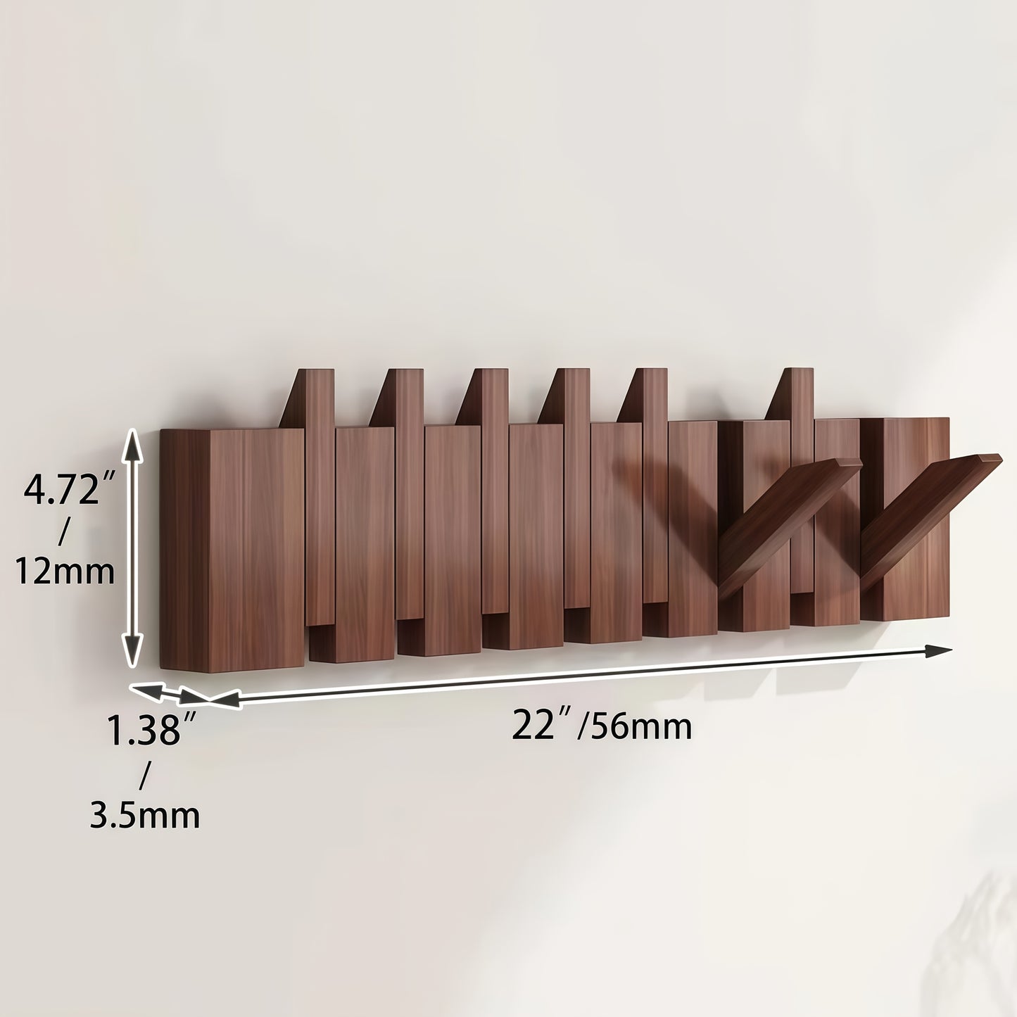1pc Natural Wood Wall-Mounted Coat Rack with 10 Hooks - Piano-Shaped Accordion Design, Walnut Finish, Space-Saving Vertical Storage for Entryway, Bedroom, Bathroom - Easy Assembly, No Batteries/Electricity, Durable Multi-Purpose Organizer for Coats, Hats,