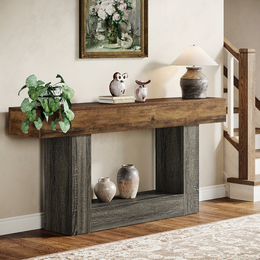 63 Inch Farmhouse Console Table with U-Shaped Base & 2-Tier Shelves, Rustic Brown & Grey Two-Tone Sofa Table for Living Room Hallway Foyer Entryway