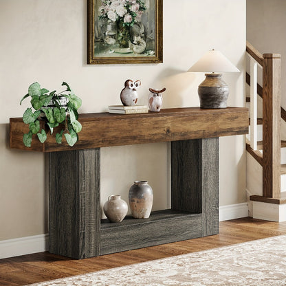 63 Inch Farmhouse Console Table with U-Shaped Base & 2-Tier Shelves, Rustic Brown & Grey Two-Tone Sofa Table for Living Room Hallway Foyer Entryway