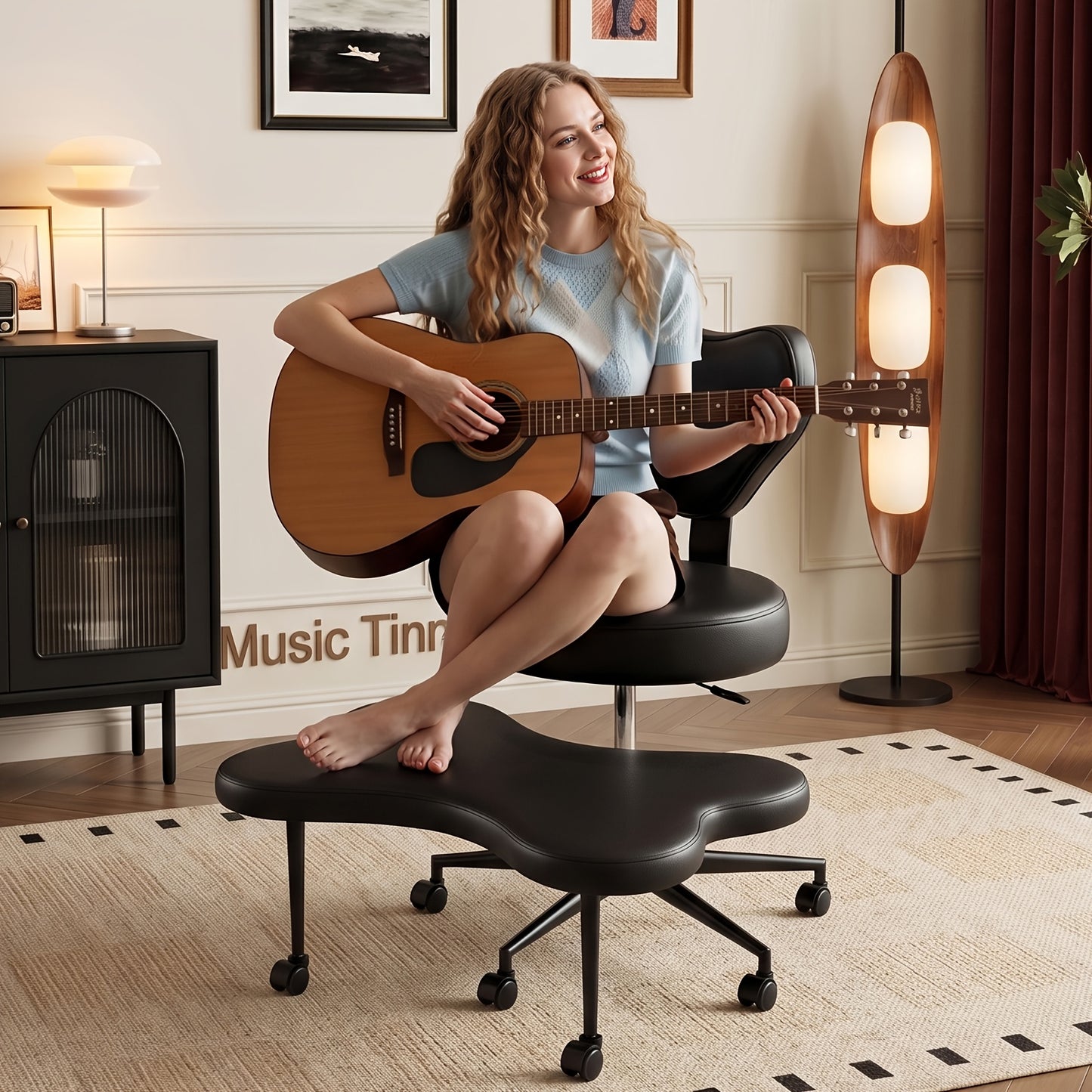 Cross Legged Chair - Meditation Chair With Wheels, ADHD Chair, Height Adjustable Seat, Adjustable Stool, Ergonomic Back Support, Flexible Design, Velvet And Faux Leather Black, Perfect Christmas Gift For Fidgety Sitters And Yoga Lover