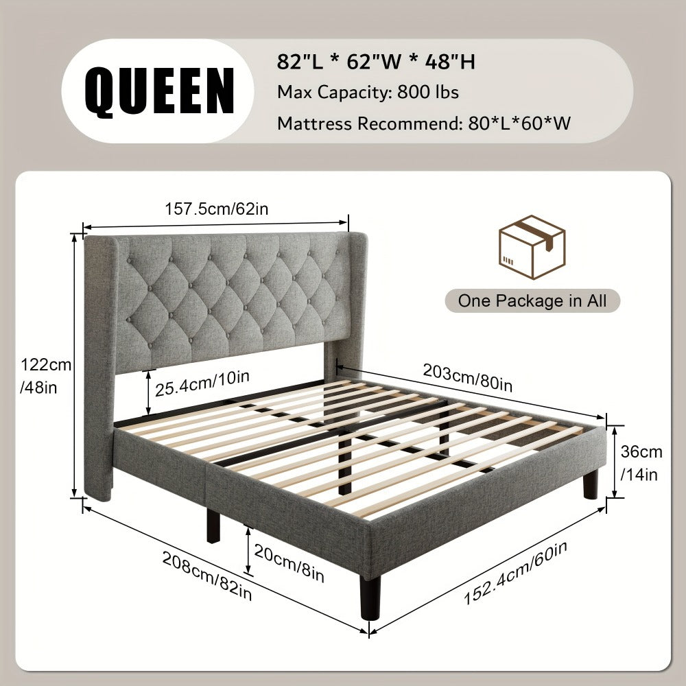 Modern Platform Bed Frame with 24-Inch Button-Tufted Headboard – Solid Wood Slats, Artistic Legs, Linen & Velvet, Dark Gray Light Grey Beige White Black, Full Queen King