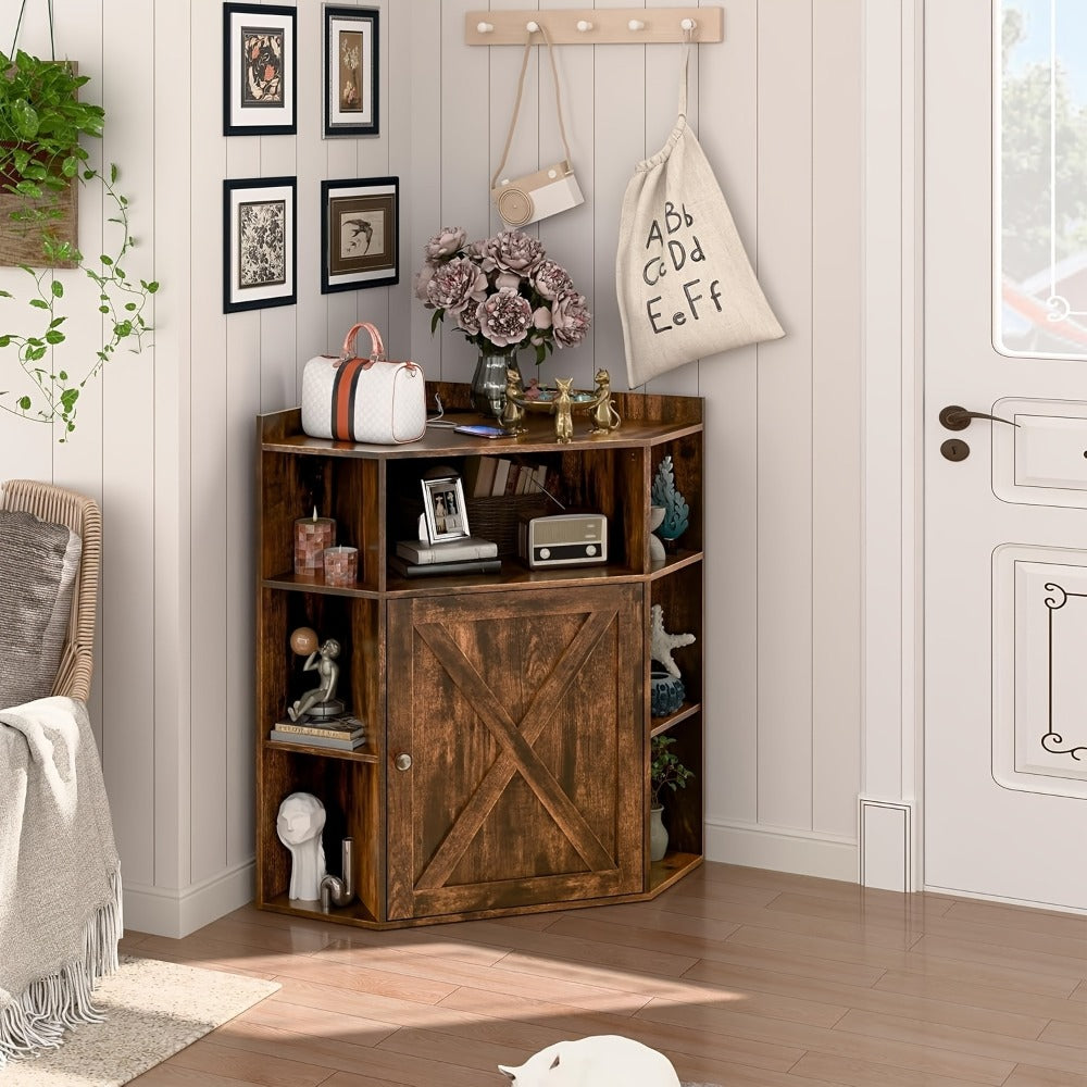 Modern Rustic Corner Cabinet with USB Ports & Outlets - /Particle Board Suitable for Small Spaces, 6-Cubby Bookshelf Storage Shelf with Stations, -Standing Organizer for Home Office,, Living Room (Assembly Required)