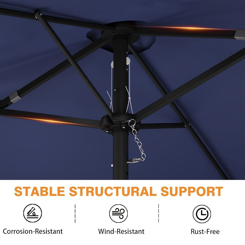 15 Ft Solar LED Patio Umbrella Double Sided with Base 48 LED Lights UPF50+ UV Protection 12-Rib Crank Handle for Lawn Garden Deck Pool 5 Colors
