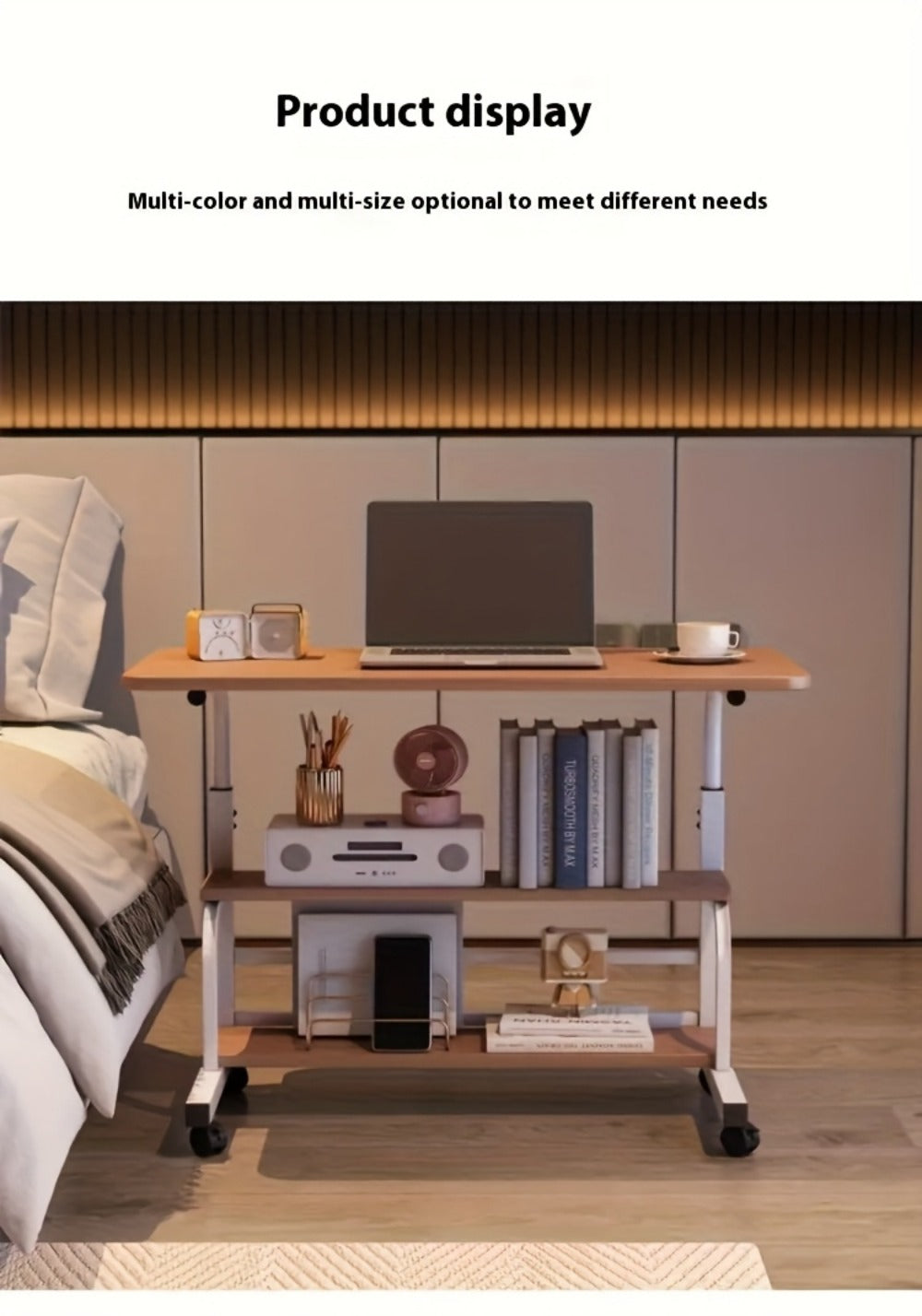 Adjustable Height Mobile Computer Desk with Double-Layer Storage, Wheels & Space-Saving Design – Portable Laptop Table for Bedroom, Sofa, Home Office & Living Room