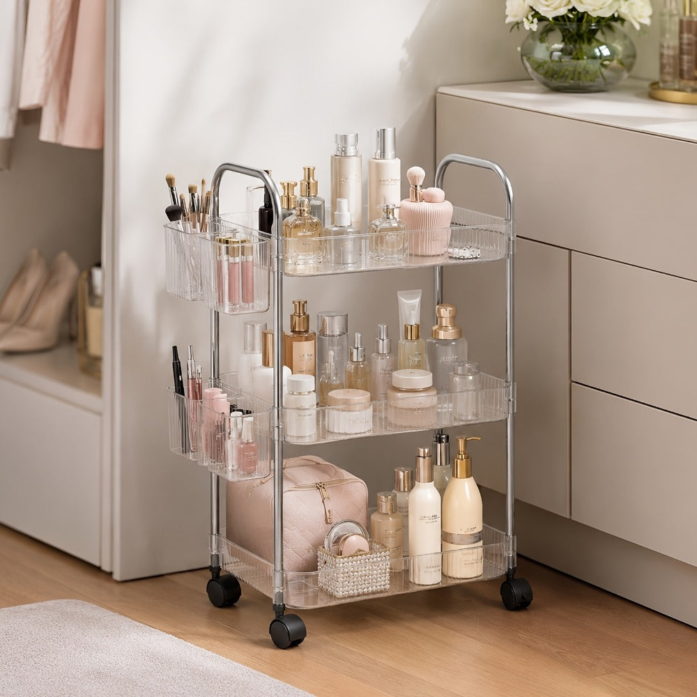 3-Tier Acrylic Rolling Storage Cart with 3 Hanging Boxes - Rolling Bathroom Cart for Cosmetics, Skincare & Snacks, 360° Wheels, Slim Utility Cart Under 27" Height