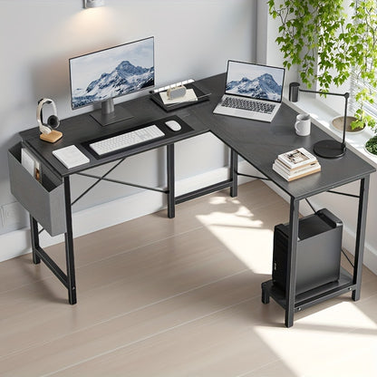 L-Shaped Computer Desk, Wooden Corner, PC Computer Desk with Storage Pocket for Home, Office And Game Room, Black