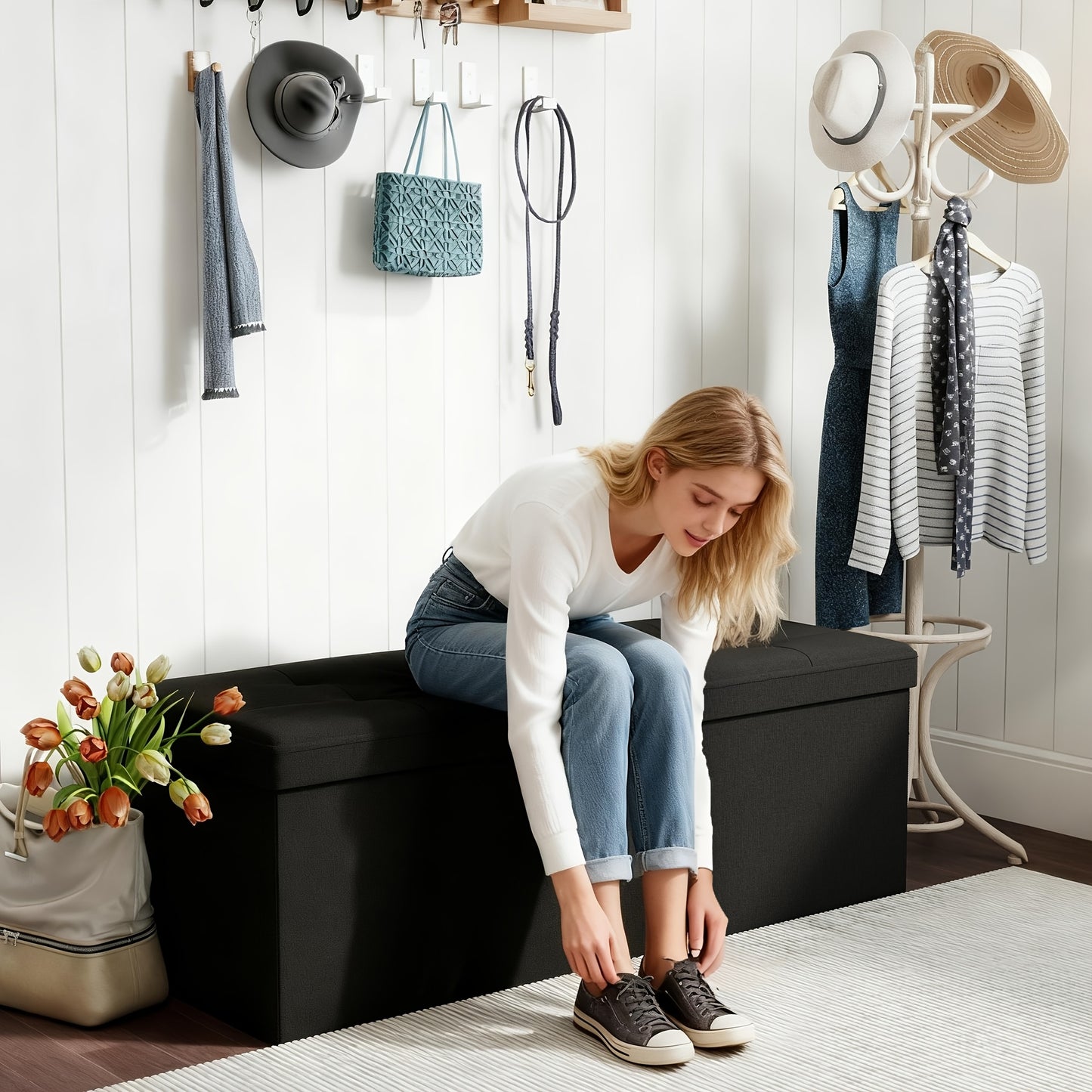Storage Ottoman Bench with Storage Upholstered Leather & Linen 30 31.5 43.5 Inch Bedroom Living Room Entryway Closet Lift Top Hidden Compartment Footrest Seat Black Gray
