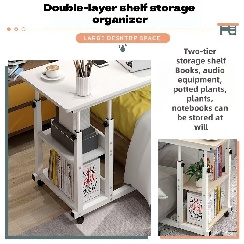 Over-bed Table with 2-layer Storage Rack- Mobile Bedside Table for Sofa, Bed and Bedroom, Versatile Nightstand, Suitable for Snacks, Laptop and Organizing Essentials(solid Metal Frame, Smooth Wheels, Space-saving Design)