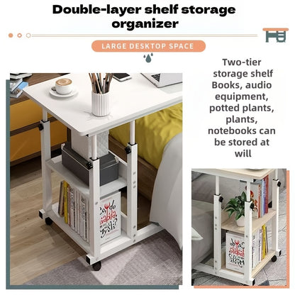 Over-bed Table with 2-layer Storage Rack- Mobile Bedside Table for Sofa, Bed and Bedroom, Versatile Nightstand, Suitable for Snacks, Laptop and Organizing Essentials(solid Metal Frame, Smooth Wheels, Space-saving Design)