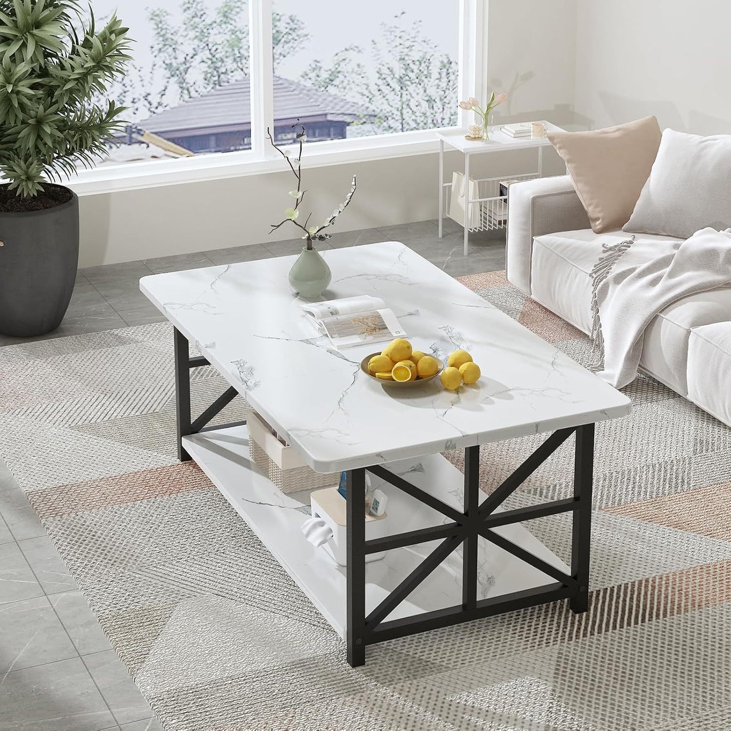 LTTROMAT Modern Coffee Table for Living Room, Faux Marble 2-Tier Coffee Table with MDF Broad & Metal Frame, Farmhouse Style Rectangular Center Table for Small Space, Space Saving Tea Table for Bedroom, Kitchen, Office