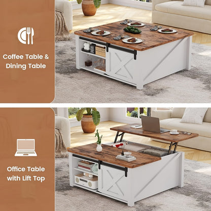 Square Lift Top Coffee Table with Hidden Storage – Farmhouse Design, Gas Strut Lift, Adjustable Shelves, 4 Open Compartments, Black/White/Grey/Blue