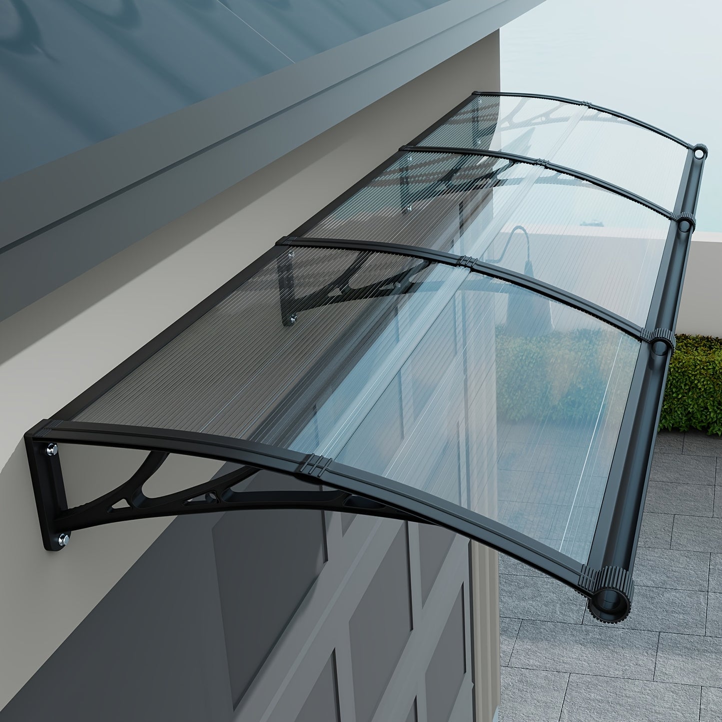 Awnings for Windows Doors with Large Gutters Rain Sun And UV Protection Patio Cover Eazy Installation, Suitable for Windows, Doors And Garage Roofs Outdoor Hollow Sheet Transparent Polycarbonate Panels Black ABS Brackets 32/40/60/80/120in