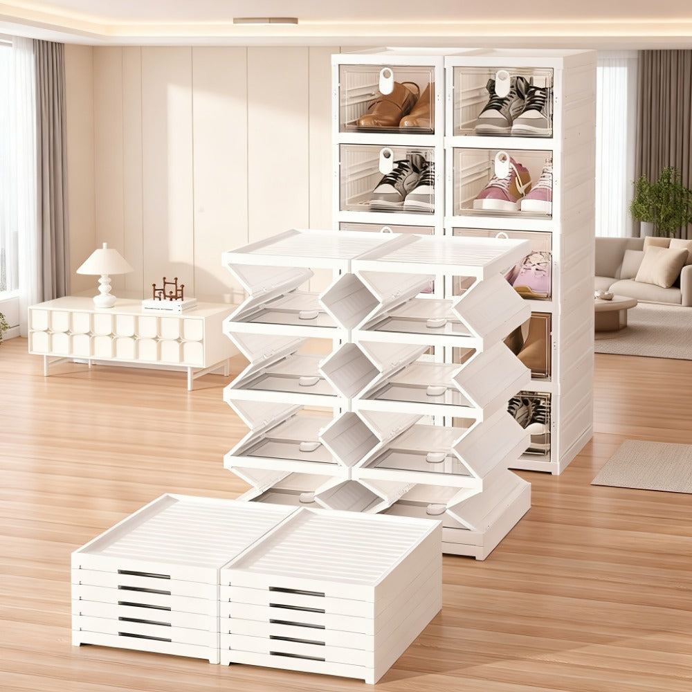 Foldable Shoe Organizer 5/6 Layer with Flip Transparent Door, Space-Saving Stackable Shoe Box Cabinet for Entryway Hallway Living Room Bedroom