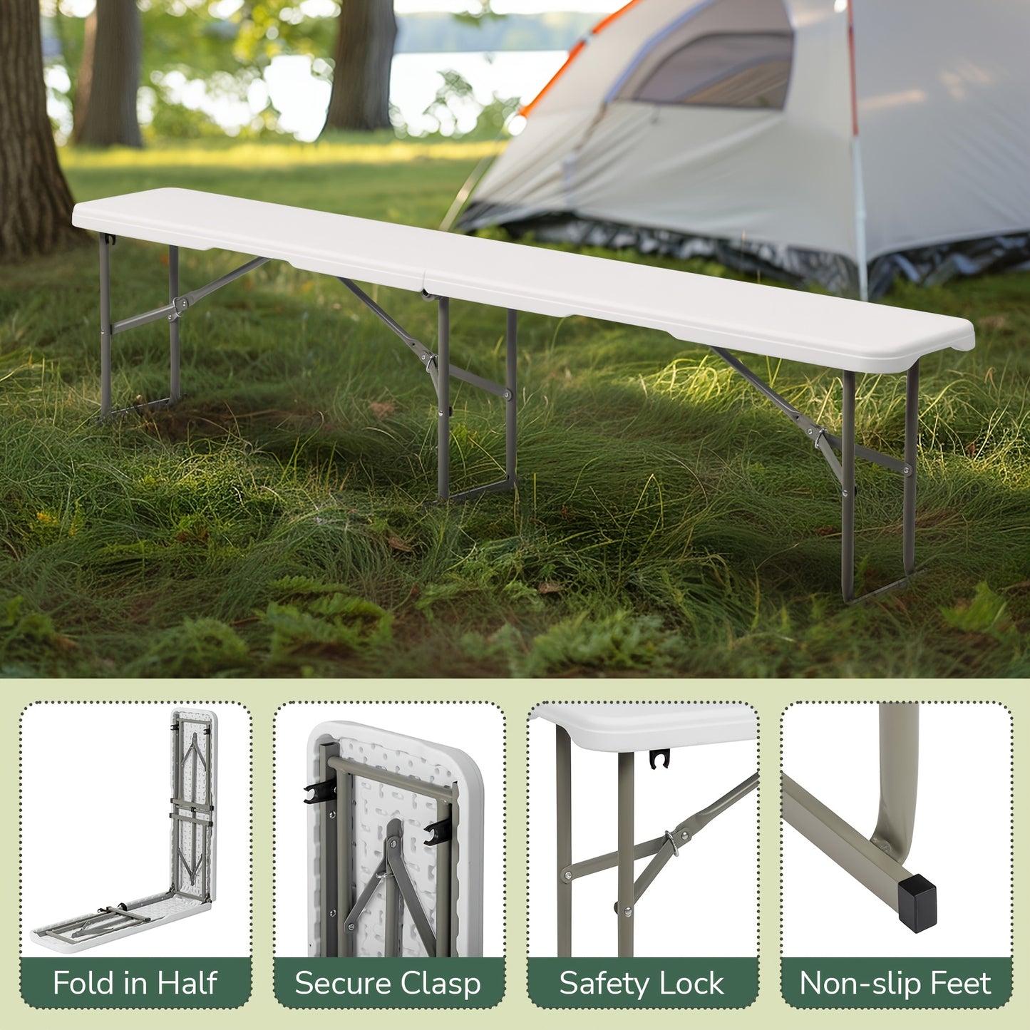 6-Foot Collapsible Plastic Stool, Suitable for Both Indoor And Outdoor Dining. Lightweight And Easy to Transport, Ideal for Camping, Celebrations, Weddings, Picnics, And Outdoor Gatherings - Available in White