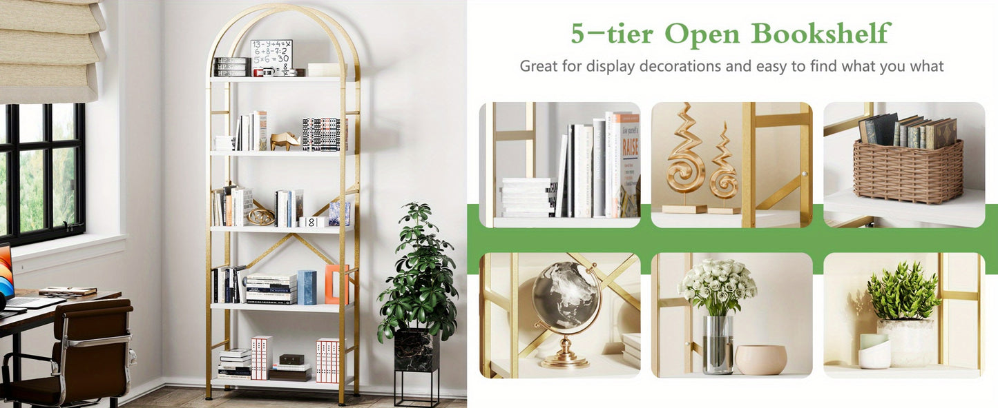 5-Tier Arched Bookshelf with Metal Frame – Tall Farmhouse Display Shelf for Bedroom, Living Room & Home Office, Grey Industrial Book Shelf Storage Rack