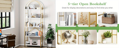 5-Tier Arched Bookshelf with Metal Frame – Tall Farmhouse Display Shelf for Bedroom, Living Room & Home Office, Grey Industrial Book Shelf Storage Rack