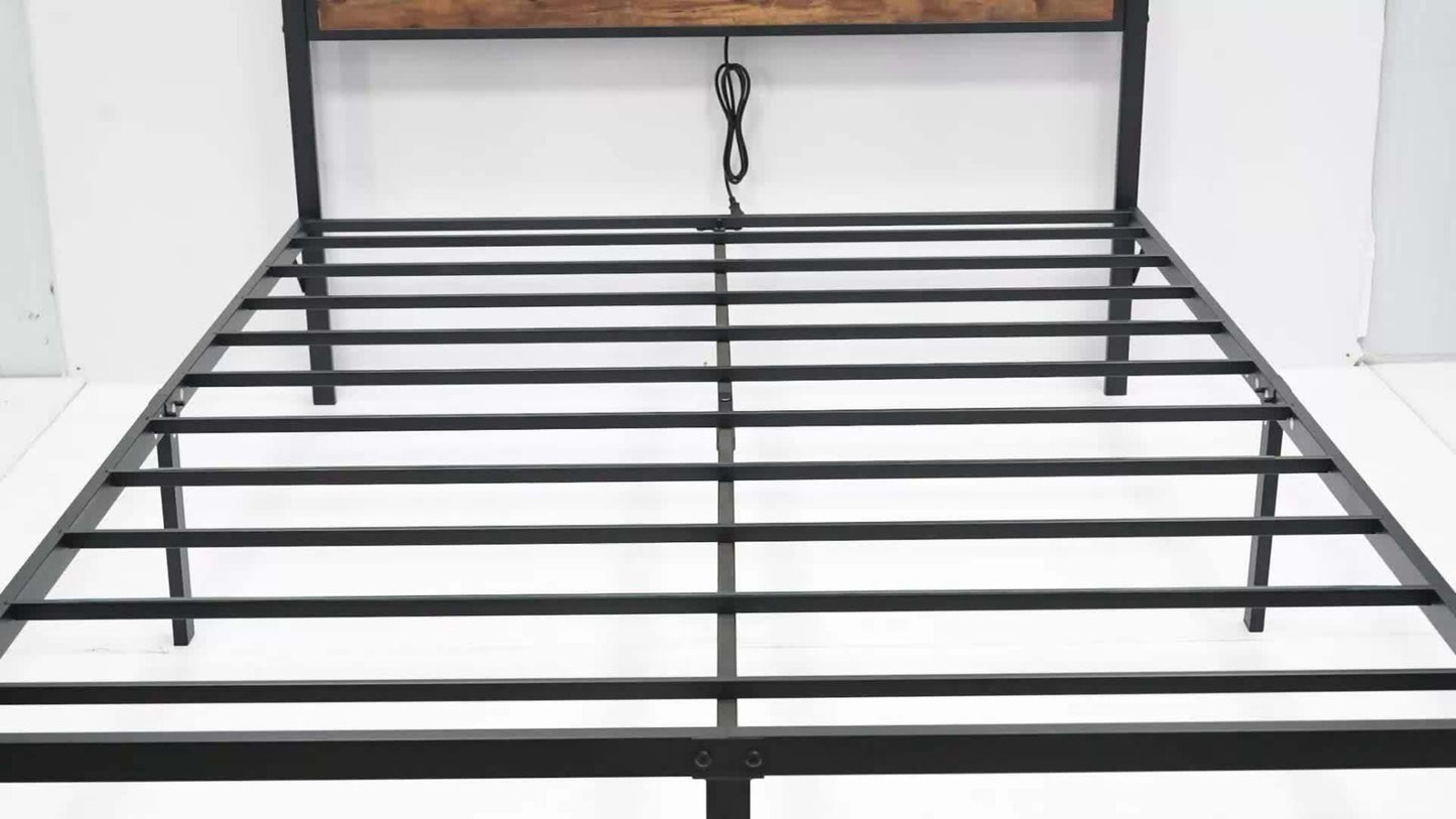 LED Bed Frame with Storage Headboard Charging Station 12 Color Lights Under Bed Storage No Box Spring Full Queen King