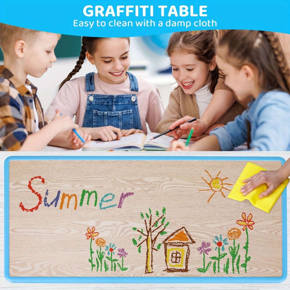 Kids Activity Table & 6 Chair Set, Height-Adjustable with Graffiti Desktop – Preschool Art Table for Reading, Drawing & Eating, Boys & Girls, 4 Colors