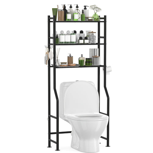 Three-Tier Storage Shelf Designed to Fit Over The Toilet, This Metal Organizer Helps Save Space in Bathrooms And Includes Four Hooks. It Can Also Be Used in Kitchens And Laundry Rooms, Providing a Freestanding Solution Without The Need for Drilling