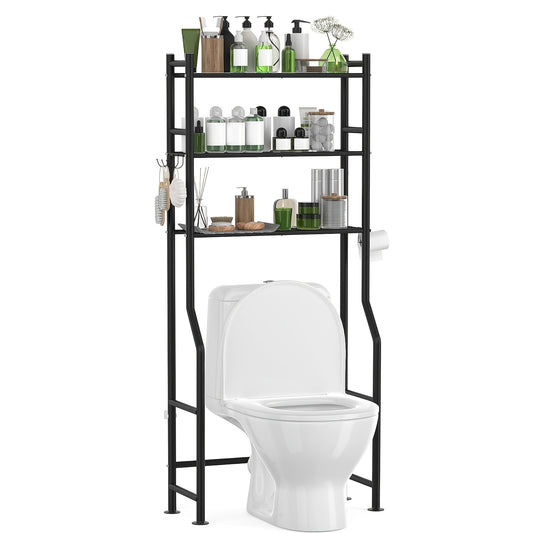 Three-Tier Storage Shelf Designed to Fit Over The Toilet, This Metal Organizer Helps Save Space in Bathrooms And Includes Four Hooks. It Can Also Be Used in Kitchens And Laundry Rooms, Providing a Freestanding Solution Without The Need for Drilling