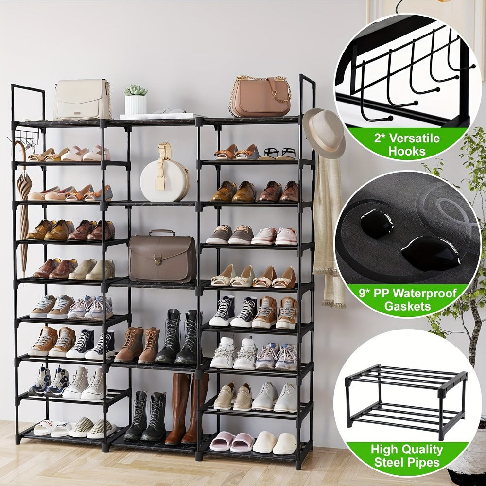 9 Tier Metal Shoe Rack Organizer 50-55 Pairs Large Capacity Stackable Freestanding Shoe Shelf with Hooks for Entryway Closet Bedroom Black Heavy Duty Storage