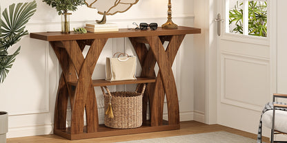 55 "Wooden Rustic Console Table, X-Shaped Leg Design, 2-Tier Shelf. Multifunctional Storage. Suitable for Use Behind The Sofa in The Living Room, in The Corridor, in The Entrance Hall, Or at The Entrance. Light Brown And Tiger Brown