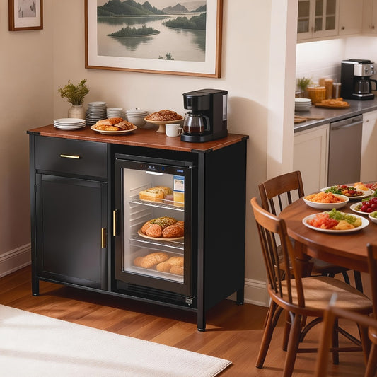 Black Coffee Bar Cabinet with Mini Fridge Compartment, 9 Bottle Wine Rack Sideboard, Modern Buffet Cabinet for Home Bar Kitchen Living Room