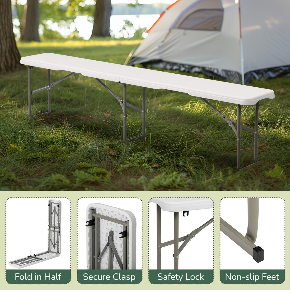 6ft Folding Plastic Bench – Collapsible Lightweight HDPE Seat for Indoor & Outdoor Use, Camping, Weddings, Picnics, Celebrations & Outdoor Gatherings, White & Coffee Brown