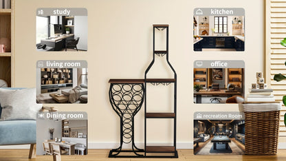 Wine Rack with Hanging Glass Holder & Storage Shelves - 5-Tier Freestanding Baker's Rack for Kitchen, Dining Room & Home Bar, Holds 11 Bottles