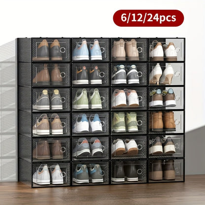 Clear Shoe Boxes with Lids Stackable Foldable Transparent Plastic Shoe Storage Organizer Waterproof Space Saving for Bedroom Closet Entryway Dorm White Black 6 12 24 Pack