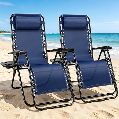 2pcs Zero Gravity Chairs, Outdoor Folding Recliner Lounge Chair, Breathable Fabric Adjustable Reclining Patio Chair With Cup Holder Trays & Headrest Pillow For Beach Camping Poolside Backyard Garden Lawn