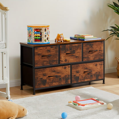 5-Drawer Dresser with Fabric Drawers & Cabinet Suitable for Bedroom, Room with Plastic Frame & Top, Low Chest Organizer Unit with Removable Bins, Space-Saving Furniture for Closet,, Hallway, Assembly