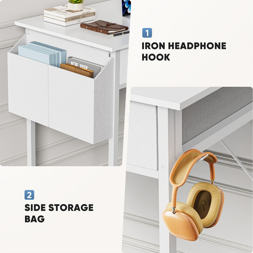 Small Makeup Vanity Desk 32" with Hair Dryer Hook & Side Bag – Compact Dressing Table with Storage Drawers, Modern Study Writing Desk for Small Spaces & Bedroom
