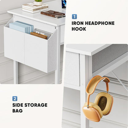 Small Makeup Vanity Desk 32" with Hair Dryer Hook & Side Bag – Compact Dressing Table with Storage Drawers, Modern Study Writing Desk for Small Spaces & Bedroom