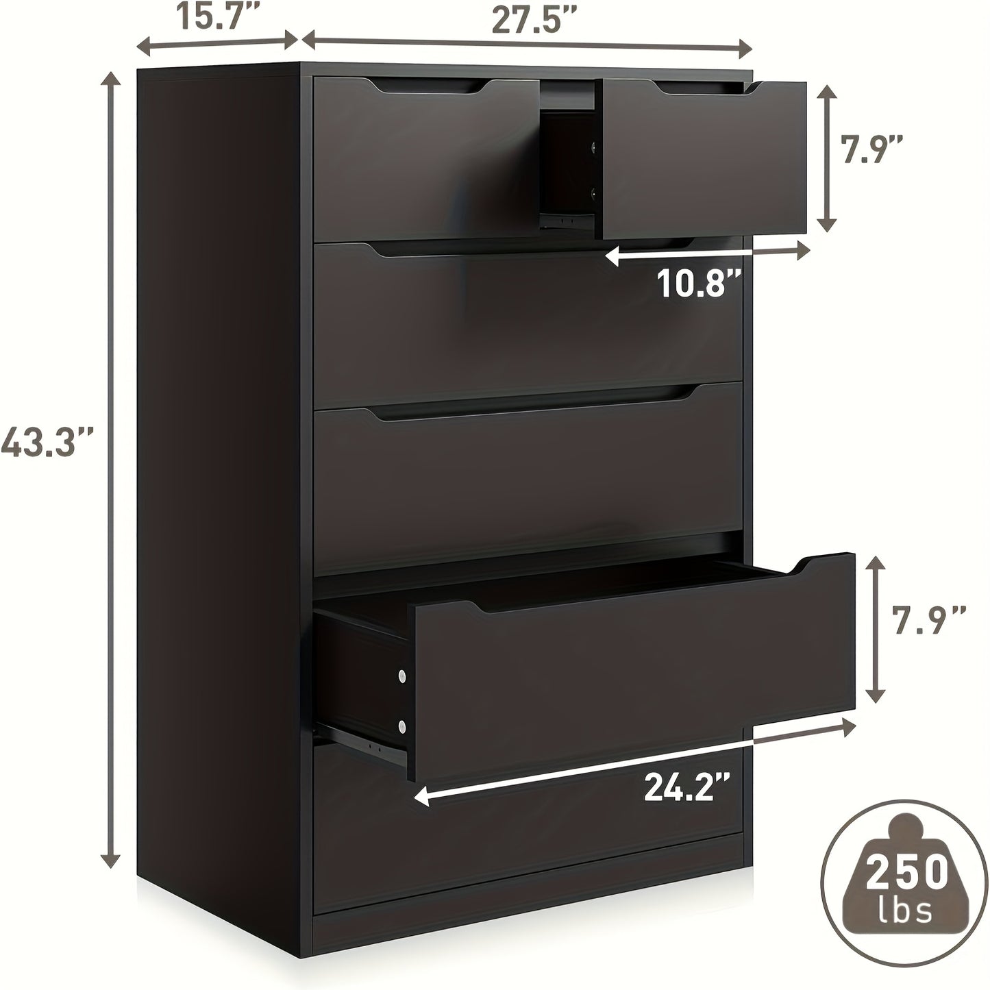 6-Drawer Dresser for Bedroom, Modern Chest of Drawers, Black Dresser with Large Organizer, Deep Drawer And Smooth Metal Rail, Black