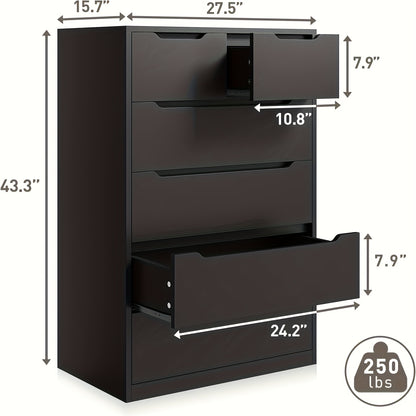 6-Drawer Dresser for Bedroom, Modern Chest of Drawers, Black Dresser with Large Organizer, Deep Drawer And Smooth Metal Rail, Black