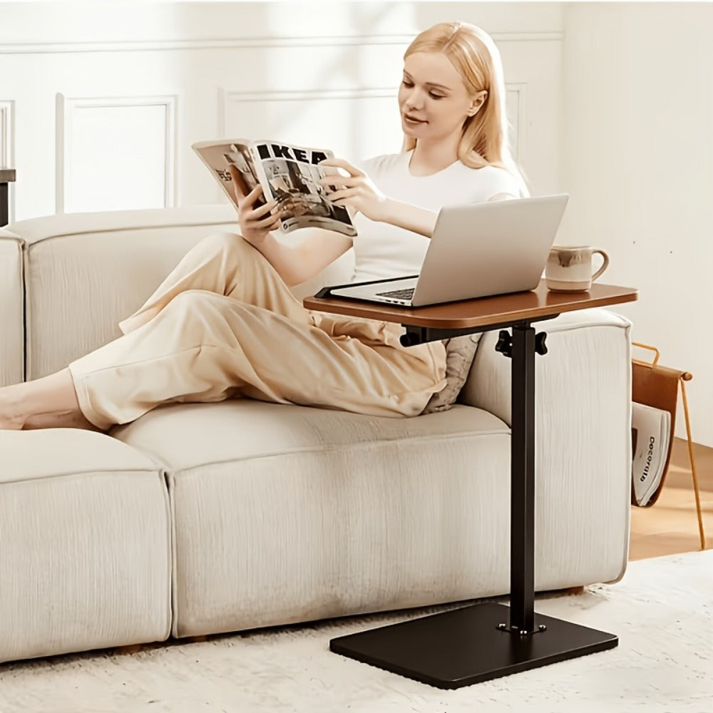 C-Shaped Sofa Side Table, Walnut Finish Adjustable Armrest Tray Table for Couch Bed Living Room Bedroom, Laptop Desk TV Tray Snack Table with Optional Wheels – Sturdy Modern Design