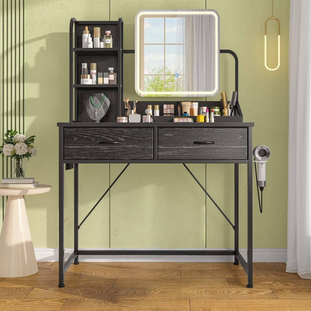 Vanity Desk with Lighted Mirror and Power Strip 5 Large Drawers 3 Color LED Lights Hair Dryer Rack Makeup Dressing Table Set Black White