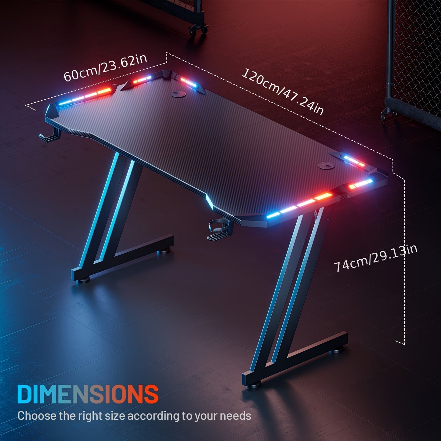 HOME DESK Gaming Desk With LED Lights Carbon Fibre Surface Gaming Table Large Computer Desk Ergonomic Home Office Desks Z Shaped PC Gamer Workstations With Headphone Hook & Cup Holder