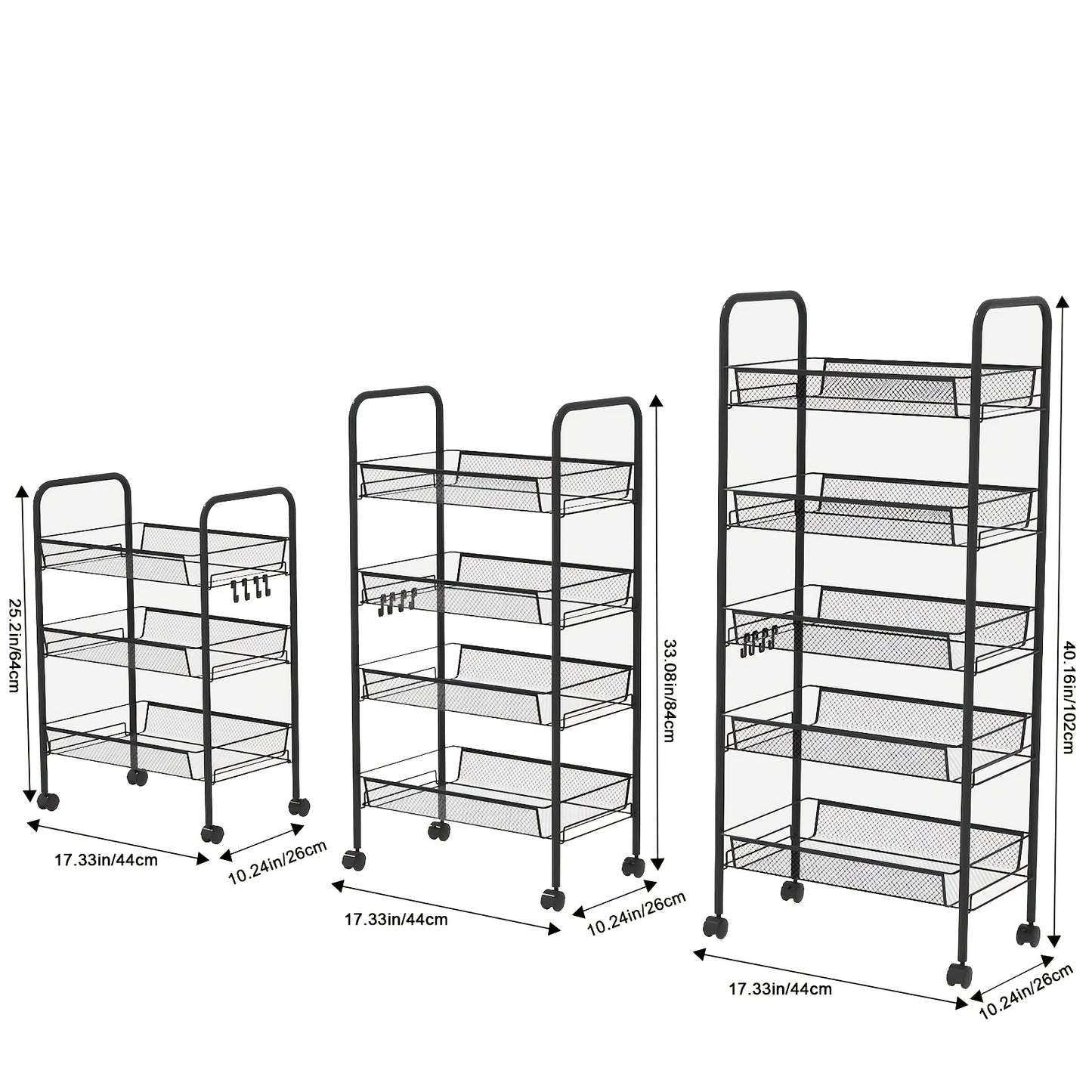 Mobile Metal Storage Shelf - 3/4/5-Tier Metal Kitchen Trolley With Hooks, Rolling Cart With 360° Swivel Wheels, Mesh Basket Layered Organizer For Narrow Gap, Kitchen, Bathroom, Office, Study, Garage, Ideal Storage Cart