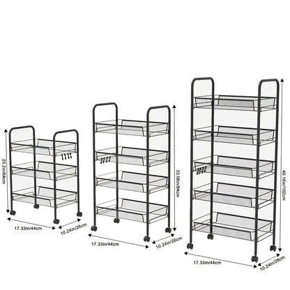 Mobile Metal Storage Shelf - 3/4/5-Tier Metal Kitchen Trolley With Hooks, Rolling Cart With 360° Swivel Wheels, Mesh Basket Layered Organizer For Narrow Gap, Kitchen, Bathroom, Office, Study, Garage, Ideal Storage Cart