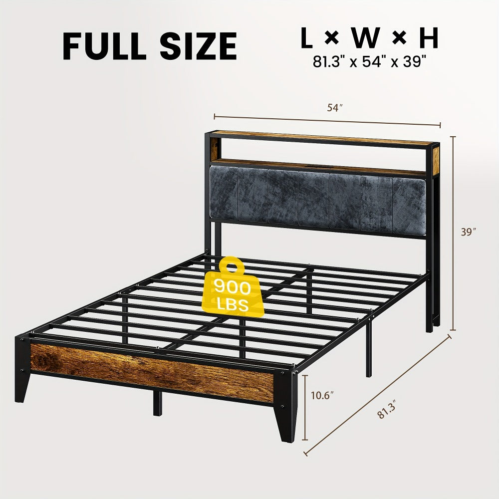 Metal Bed Frame with LED Lights, Headboard with Storage Shelves and Type-C USB Charging Port, Platform Bed No Box Spring Needed, Twin Full Queen King