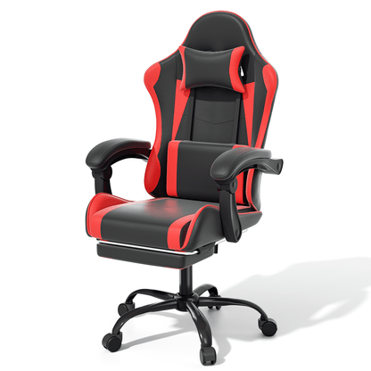 Ergonomic Gaming Chair with Retractable Footrest & Detachable Lumbar Support 360 Degree Swivel Racing Style PU Leather Computer Gaming Chair with Headrest for Home Bedroom Office