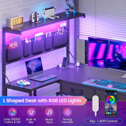 L Shaped Office Desk with LED Lights, 47.2" Reversible Small Computer Desk with 5 Drawers and Storage Shelves, Home Office Corner Desk